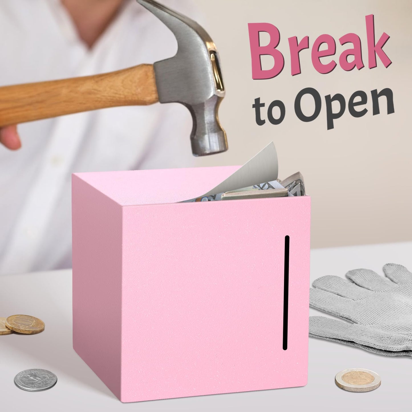 Piggy Bank For Adults Must Break To Open, Unbreakable Adults Piggy Bank Made Of Stainless Steel, Metal Saving Bank (Pink, 5.9-In
