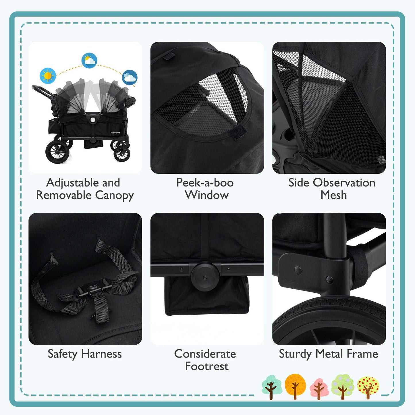 Baby Joy Wagon Stroller For 2 Kids, Collapsible Push Pull Double Stroller Wagon With Adjustable Handle Bar, Removable Canopy, Sa