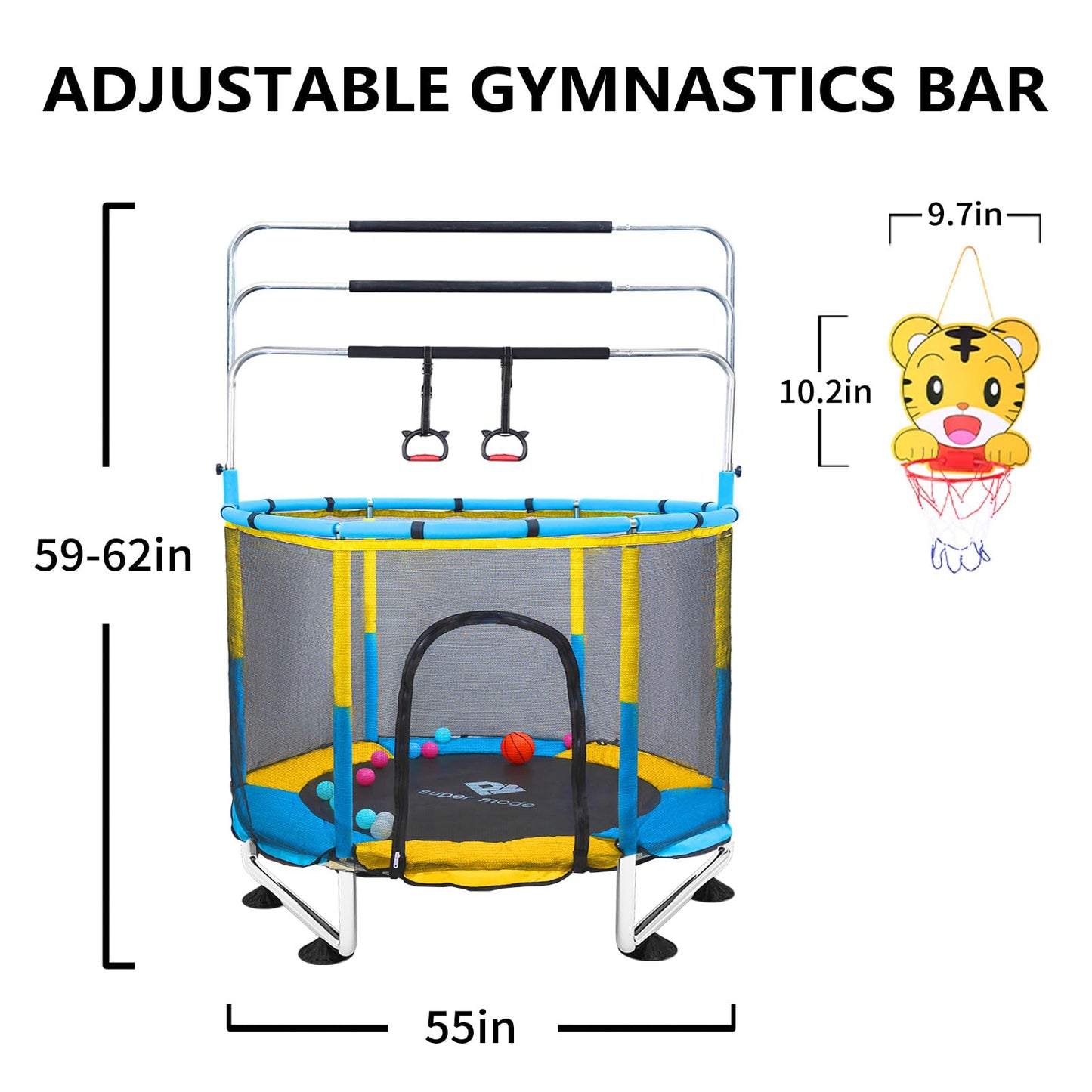 Trampoline For Kids, 5Ft Adjustable For Toddler, Indoor/Outdoor Baby Trampoline With Enclosure Net, Gifts For Boys & Girls