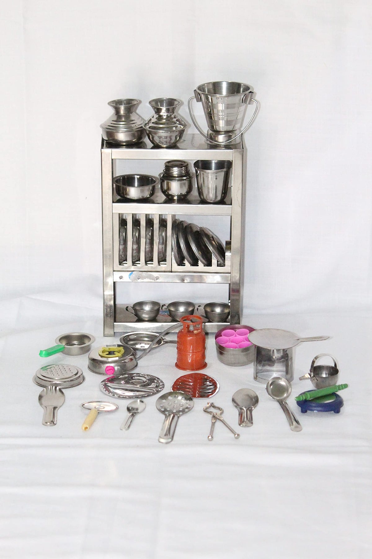 Sanvi Handicrafts Presents Miniature Steel Kitchen Toy Set bhatukali with Steel Rack (Kids Toys) Doll, Best for Gift Pretend Pla