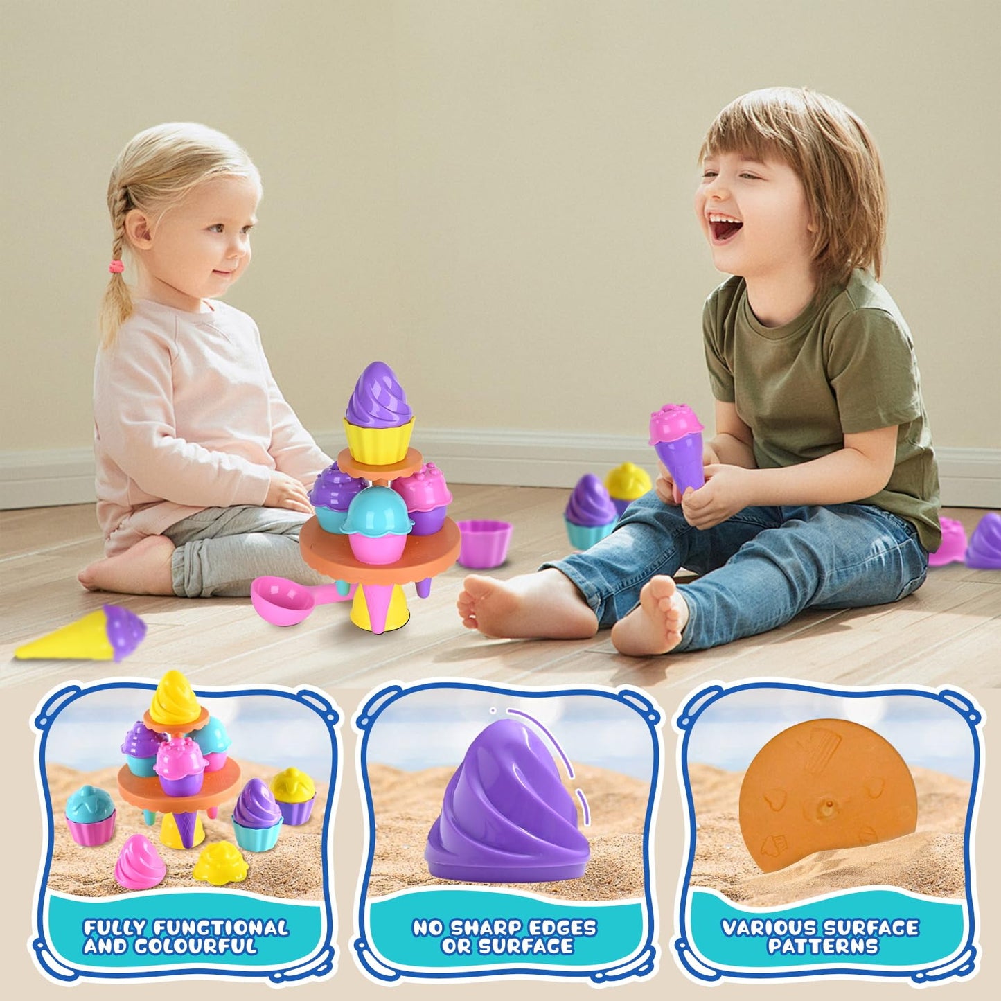 Beach Toys Ice Cream Sand Toys - Toddlers Beach Essentials for Kids Girls Boys, Sand Molds, Shovels with Collapsible Mesh Bag, T
