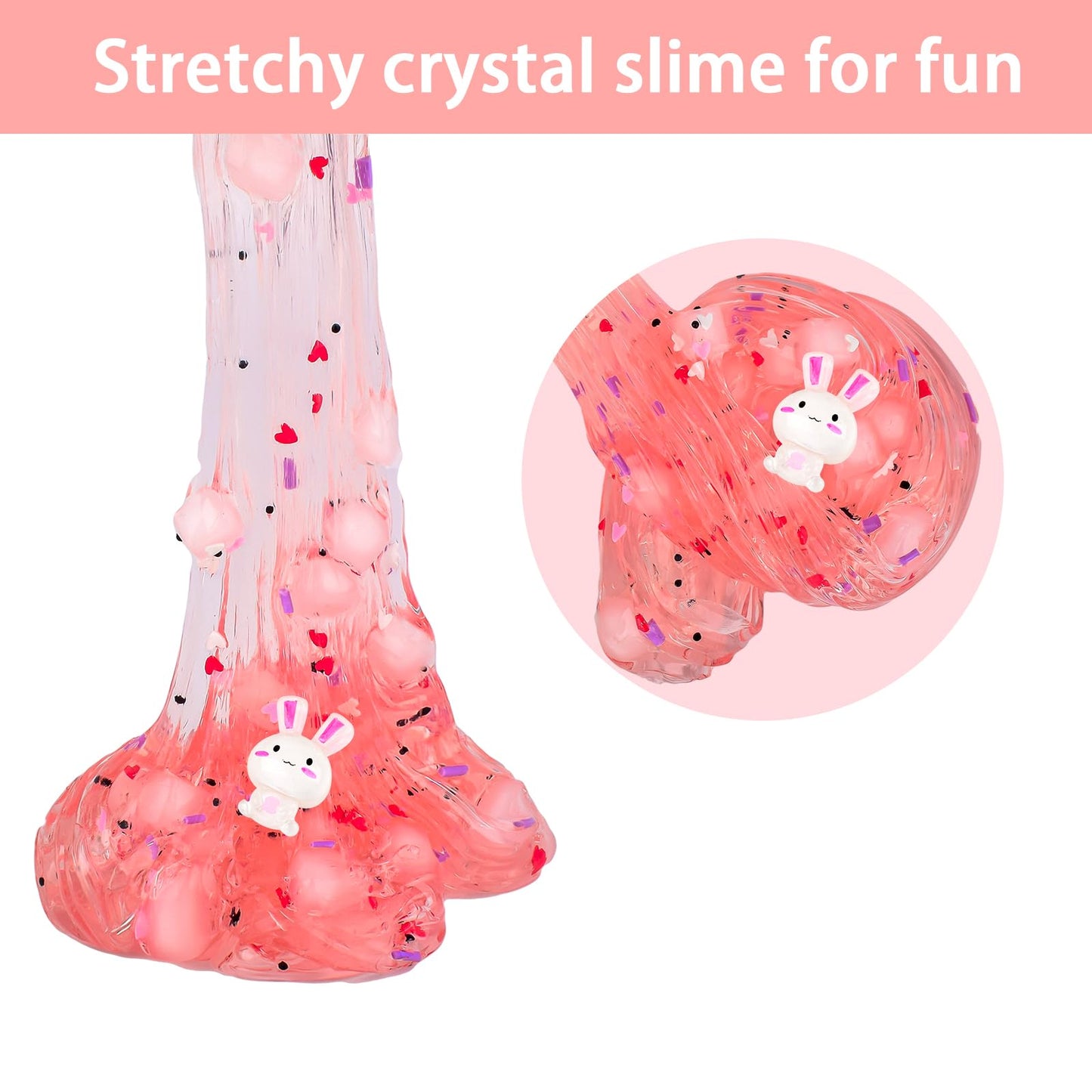 Easter Basket Stuffers Prefilled Bunny Clear Slime Pack, Crunchy Glossy Non Sticky Pink Crystal Slime Toy with Cute Rabbit Charm