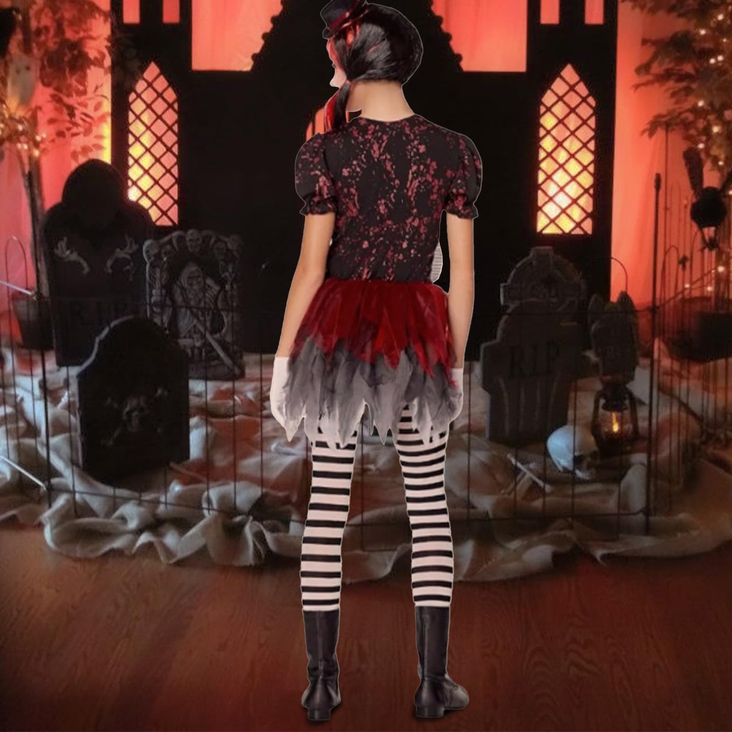 Momkonzz Girls Halloween Costumes Kids Creepy Killer Clown Costume Short Sleeve With Headpiece Tights 7-8Y