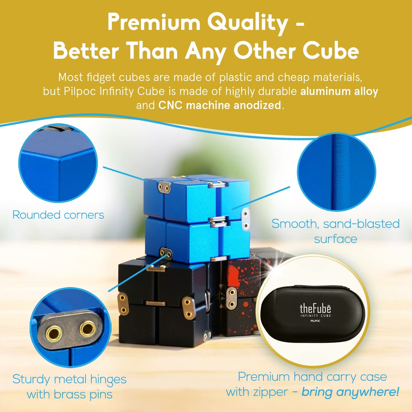 Pilpoc Thefube Infinity Cube Fidget Desk Toy - Aluminum Infinite Magic Cube With Case, Sturdy, Heavy, Relieve Stress And Anxiety, For Add, Adhd, Ocd (Silver)