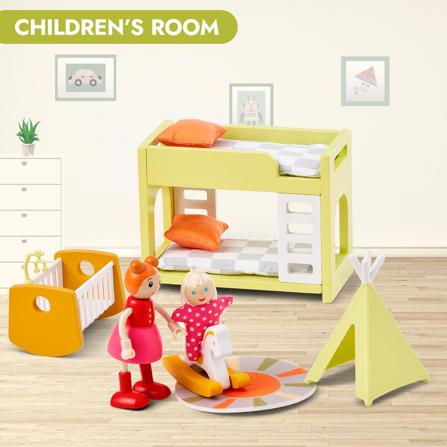 Giant Bean 21Pcs Wooden Plastic Dollhouse Furniture Set, Patio And Babyroom Set, Green Dollhouse Accessories Pretend Play Furnit