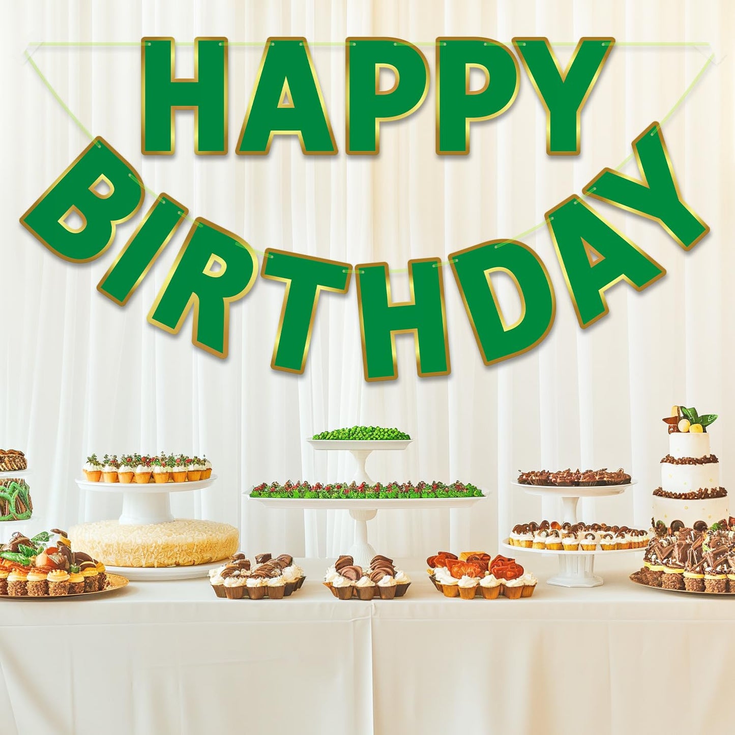 LITAUS Green Happy Birthday Banner - Pre-Strung, 9ft Paper Decorations, LH-01 for Kids, Men, Women