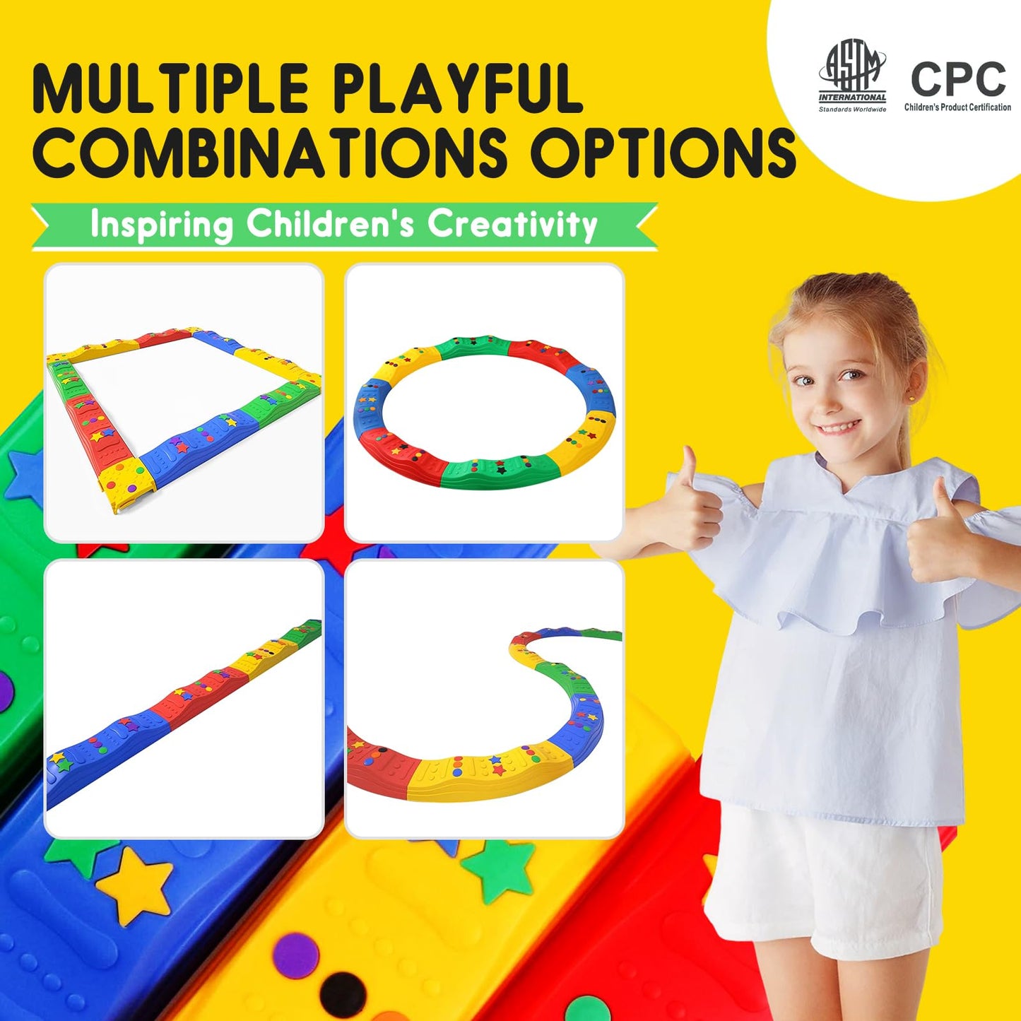 Toddler Balance Beam Kids Stepping Stones Max Load 220Lbs 4 Pcs Non-Slip Textured Surface & Rubber Pads Bottom Promote Agility C