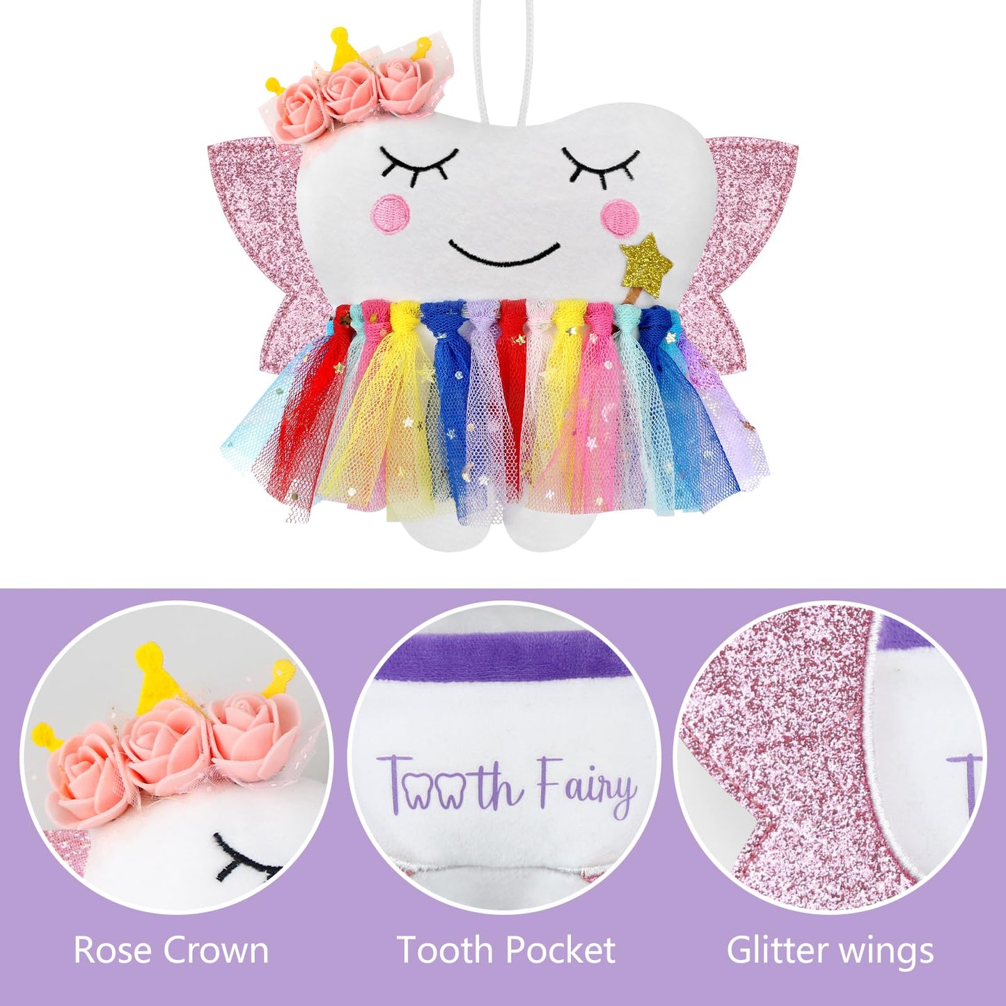 Tooth Fairy Pillow With Pocket For Girls Shiny Wings Tooth Fairy Bag Keepsake Gift For Girl (Colorful)