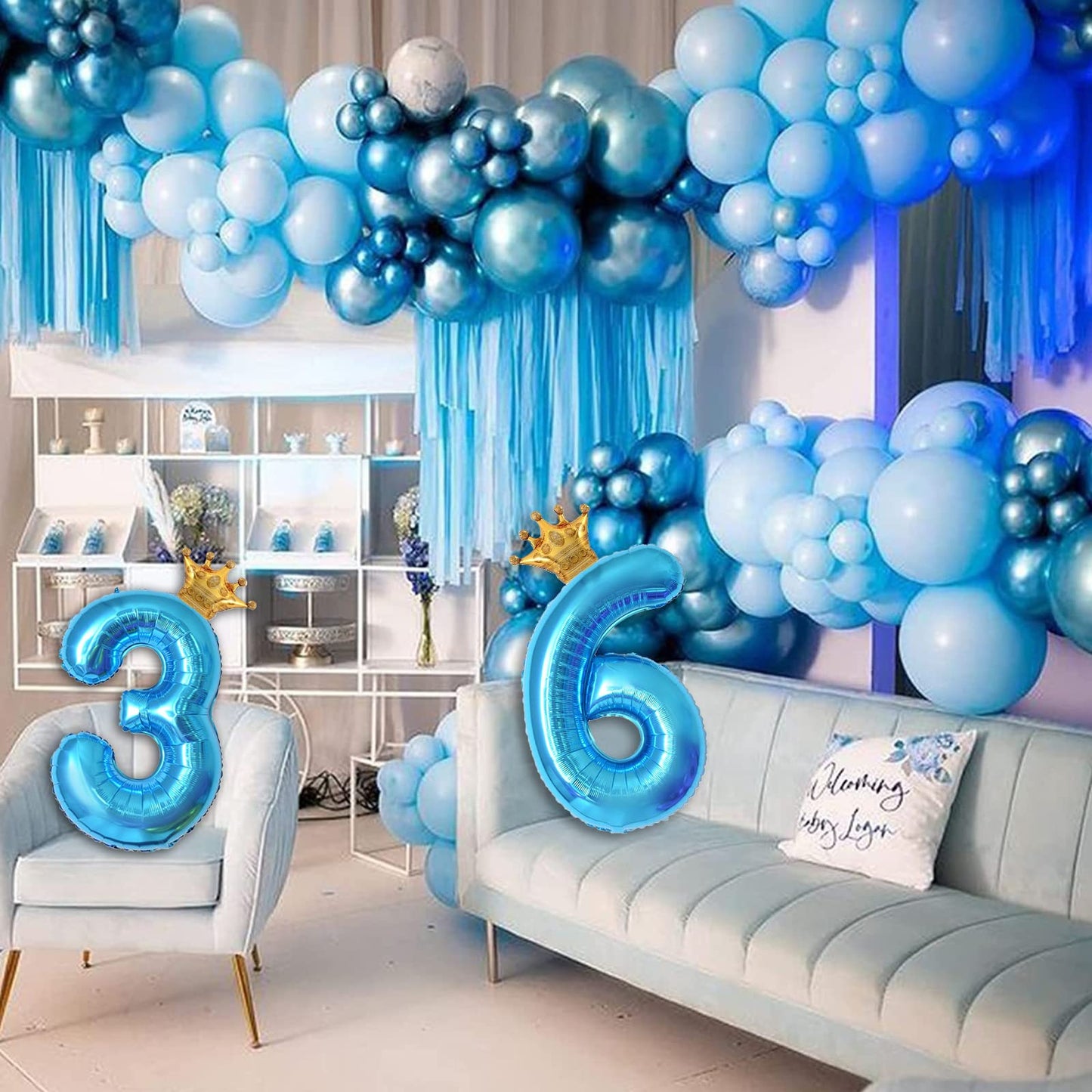40 Inch Light Blue Number 2 And Mini Crown Balloon For 2Nd Birthday Party Decorations, Light Blue Birthday Party Balloons Decora