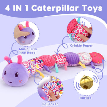 Baby Girl Toys 0-3-6 Months Musical Stuffed Animals Plush Caterpillar Toy With Crinkle Rattles Tummy Time Sensory Learning Toys
