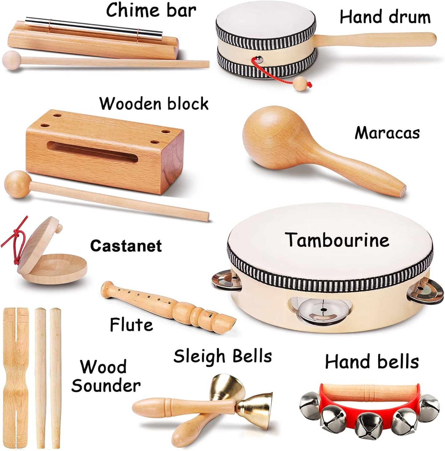 LOOIKOOS Toddler Musical Instruments Set - Eco-Friendly Wooden Percussion Toys, 12" Brown, Includes Storage Bag for Preschool Kids