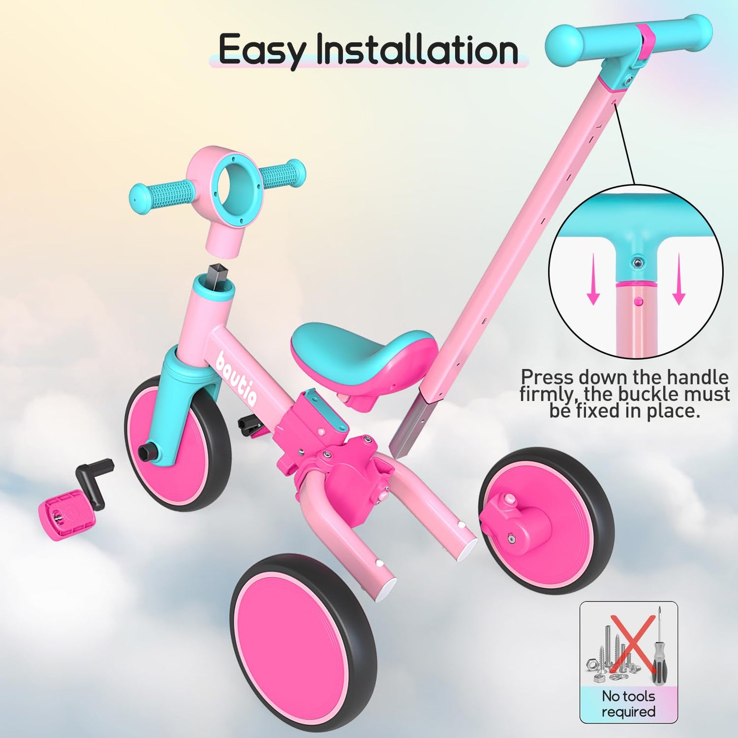 Bautia Kids Tricycle with Push Handle for Toddlers 1-4 Years Old Boys Girls Gift, 5 in 1 Baby Balance Bike for Toddlers 1-3 with