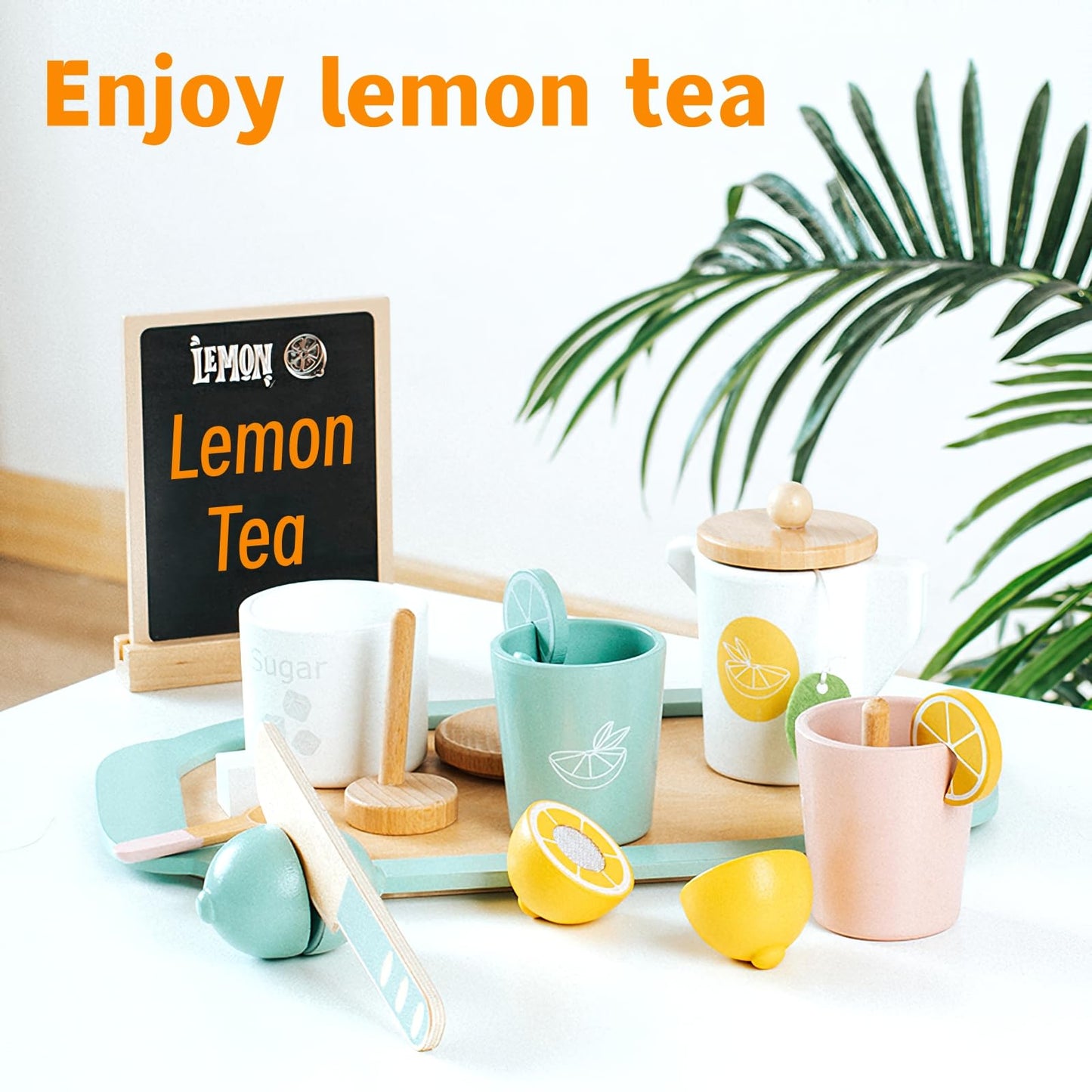 Wooden Tea Party Set for Little Girls Toys, Pretend Play Kids Tea Set for Toddlers Wood Toys, Wooden Play Food Kitchen Accessori