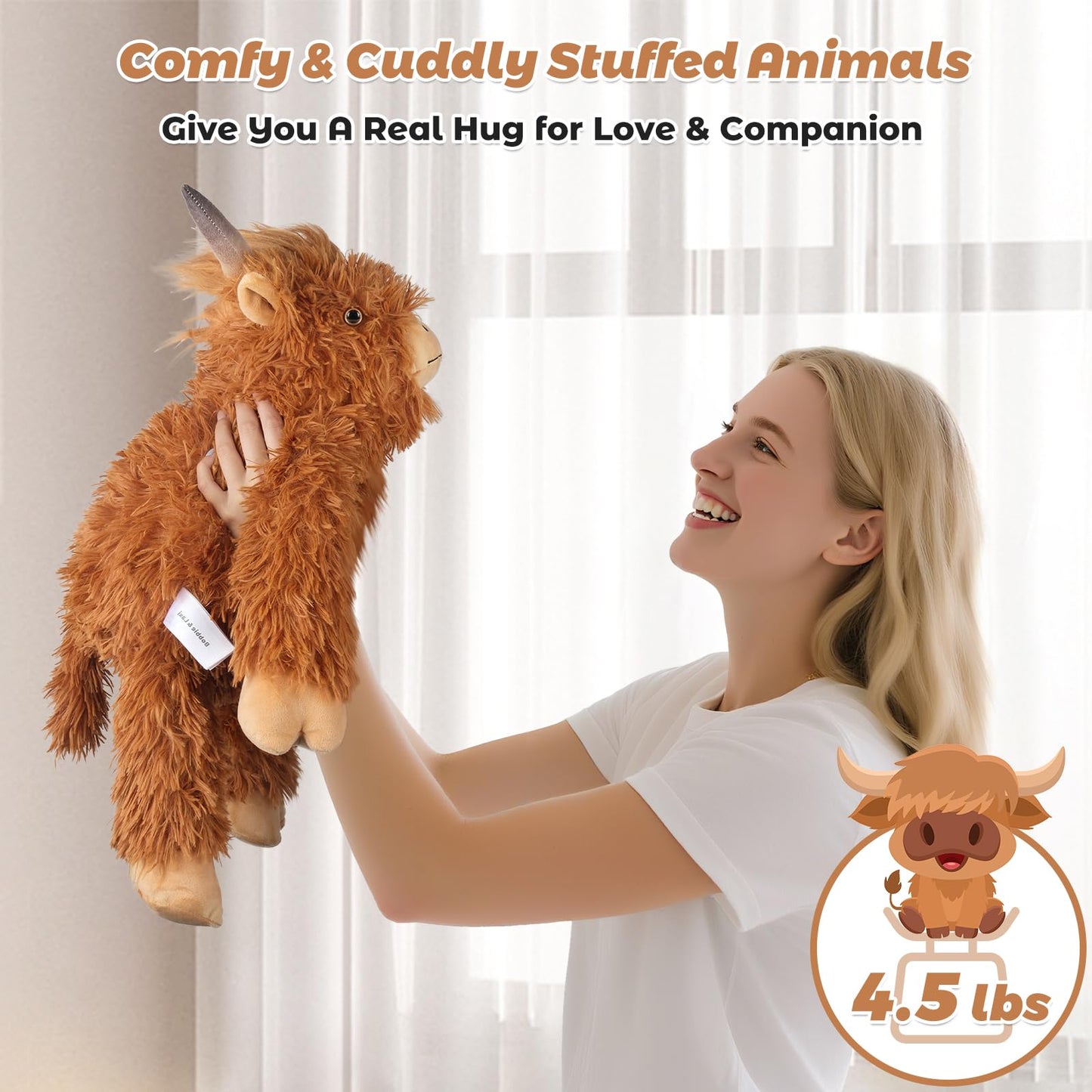 Bobbie & Laxi Highland Cow Weighted Stuffed Animal, 22" Plush Toy, Brown, Adjustable Sitting & Laying, Soft Gift for All Ages