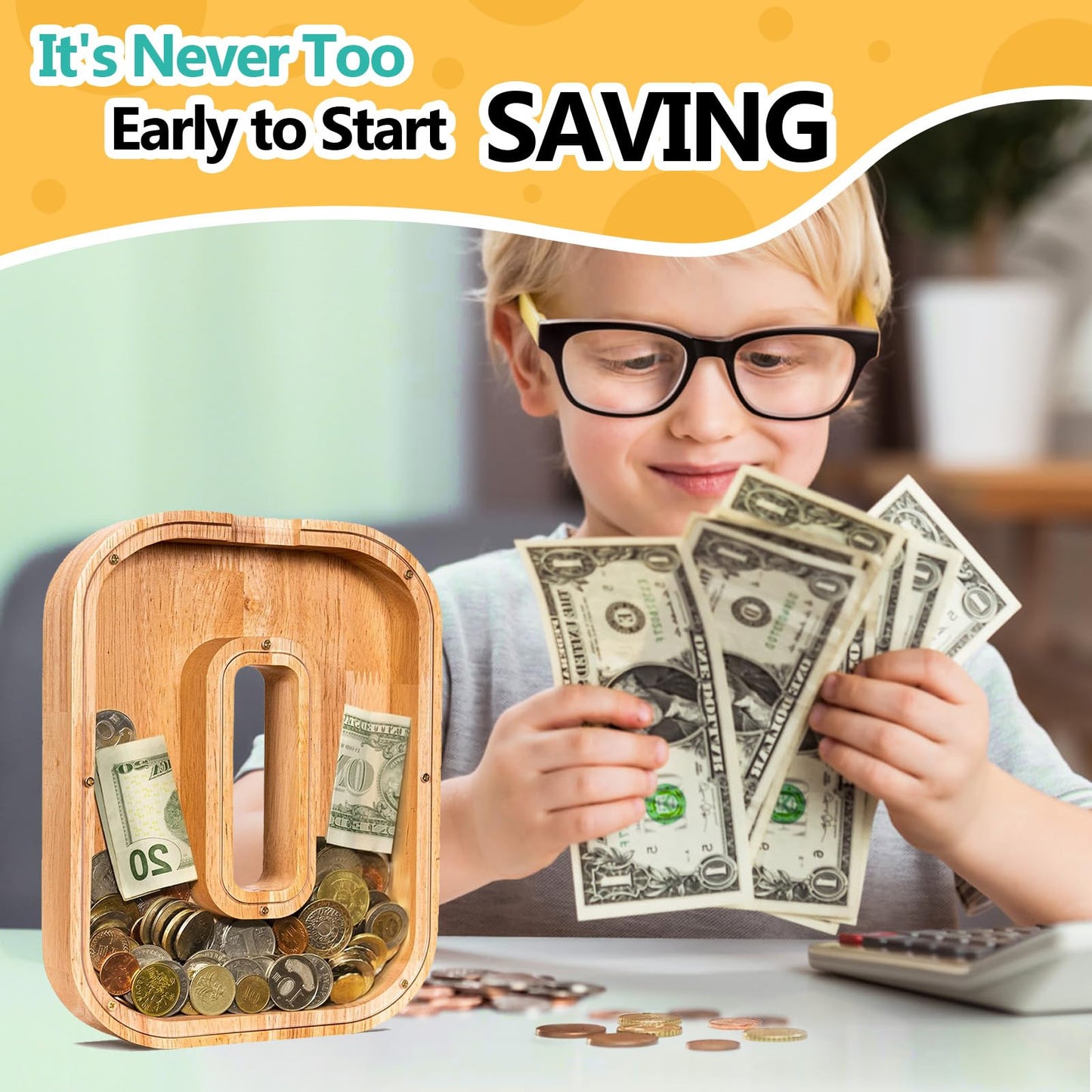 SummiDate Wooden Letter Piggy Bank| Piggy Bank for Boys Girls Toddler| Alphabet O Money Bank| Coin Bank Birthday Gift for Kids|Birthday Gift for Kids (O)