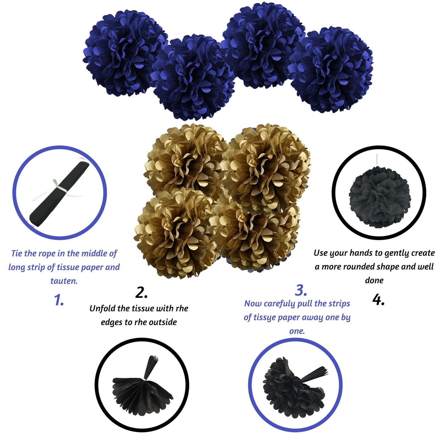 Zerodeco Birthday Decorations, Navy Blue Gold Birthday Party Decorations Happy Birthday Banner Pompoms Balloon For Boys Girls Me