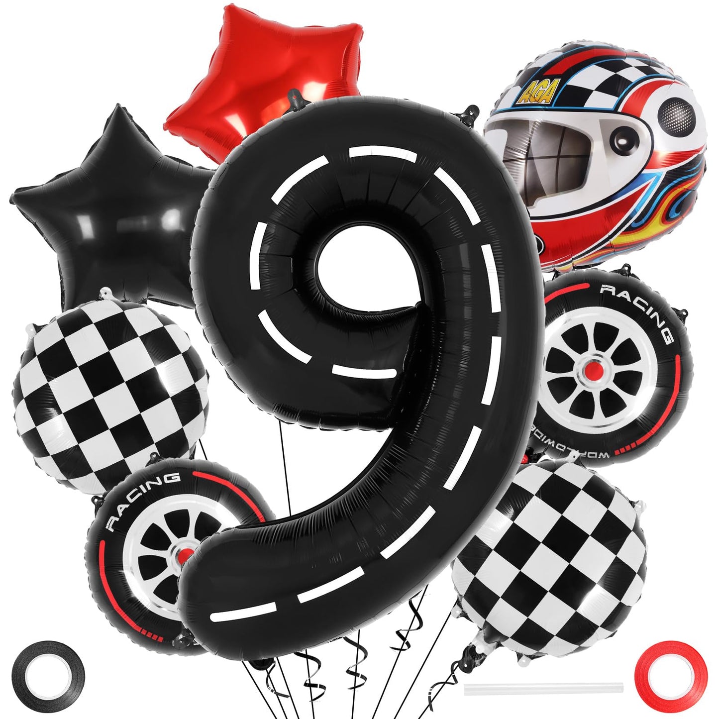 Race Car 9 Balloons, 40 Inch Racetrack Number 9 Balloon, Large Foil Mylar Racetrack Black 9 Balloon For 9 Year Old Birthday Race