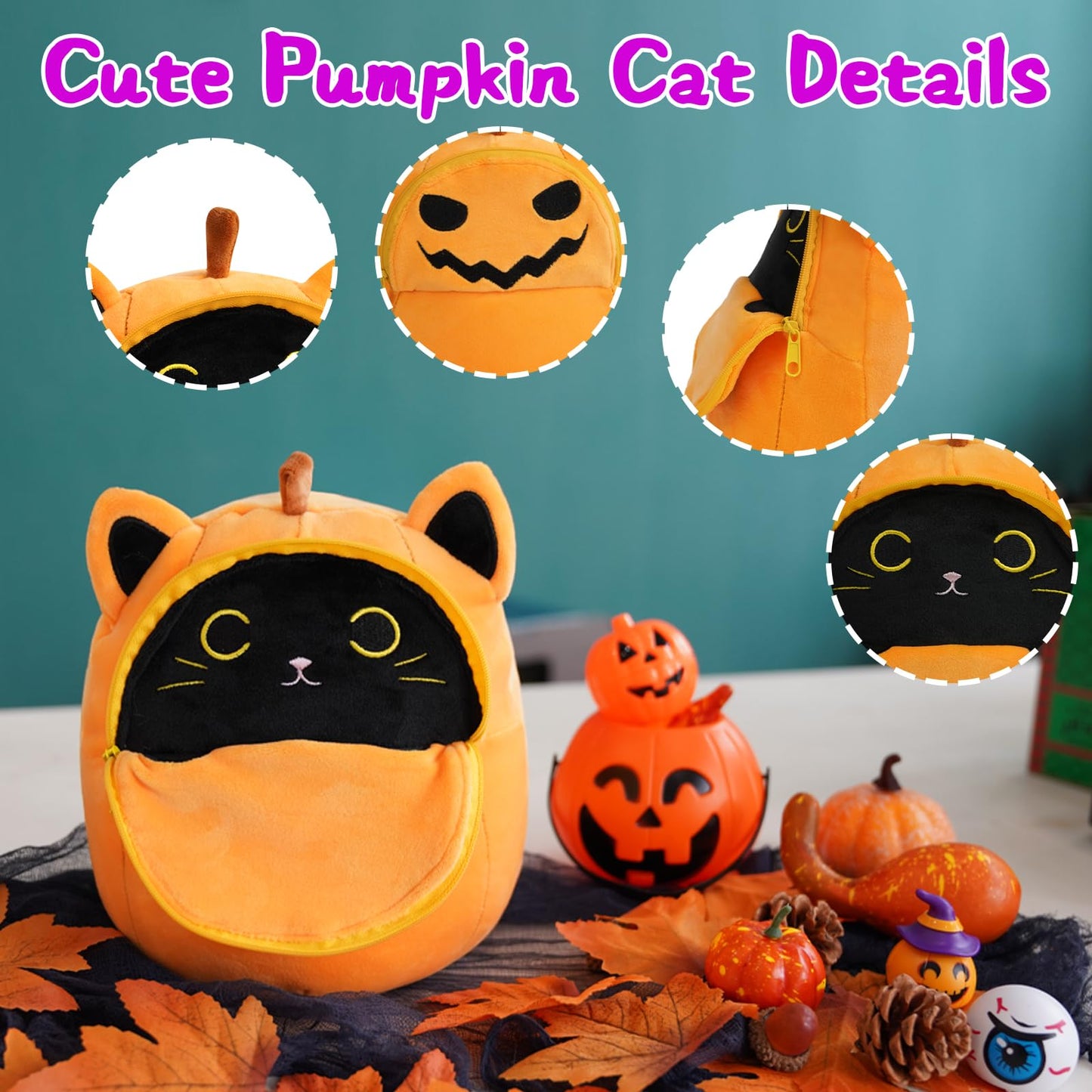 Leokawin Black Cat Stuffed Animal,8In Black Cat Plush,Cute Pumpkin Cat Plush Toy,Kawaii Pumpkin Black Cat Plush Pillows,Soft Bla