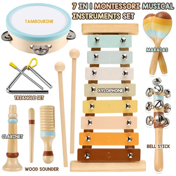Looikoos Baby Musical Instruments,Montessori Wooden Toys For Toddlers 1-3 Preschool Educational Neutral Colors Percussion Instruments Set With Modern Boho Xylophone For Kids