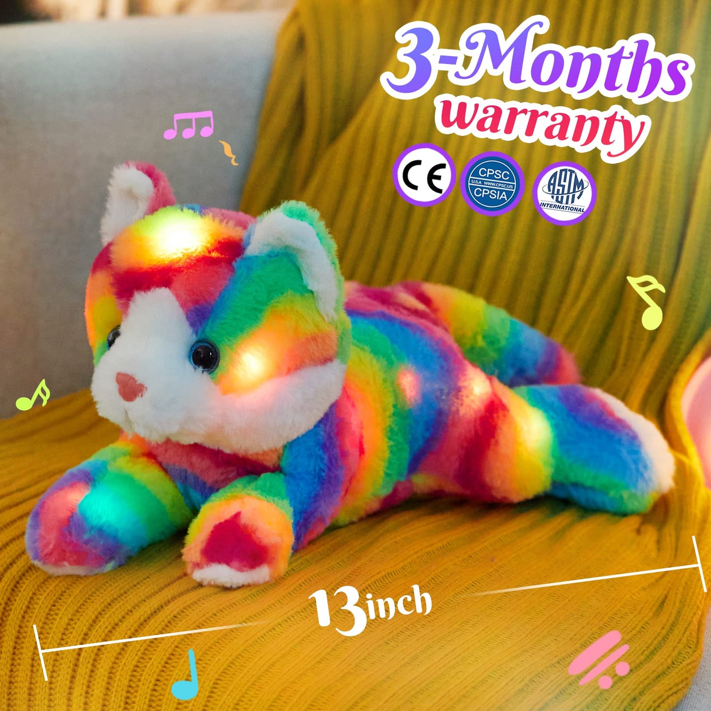 Glow Guards 13' Light Up Musical Rainbow Cat Stuffed Animal,Led Night Light Glowing Singing Snuggle Kitty Plush Toy Glow In The Dark,Christmas Birthday Gifts For Toddlers Kids Children
