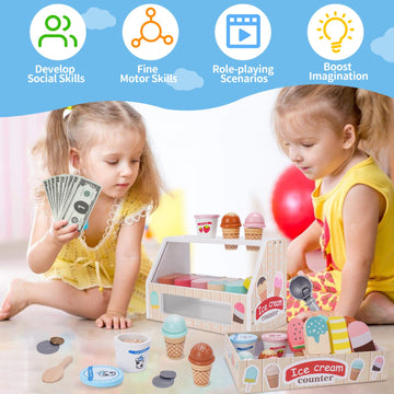 Wooden Ice Cream Counter Playset for Kids, Toddler Girl Toys Kitchen Playset Pretend Play Gifts for 3 4 5 6 Year Old Girl or Boy