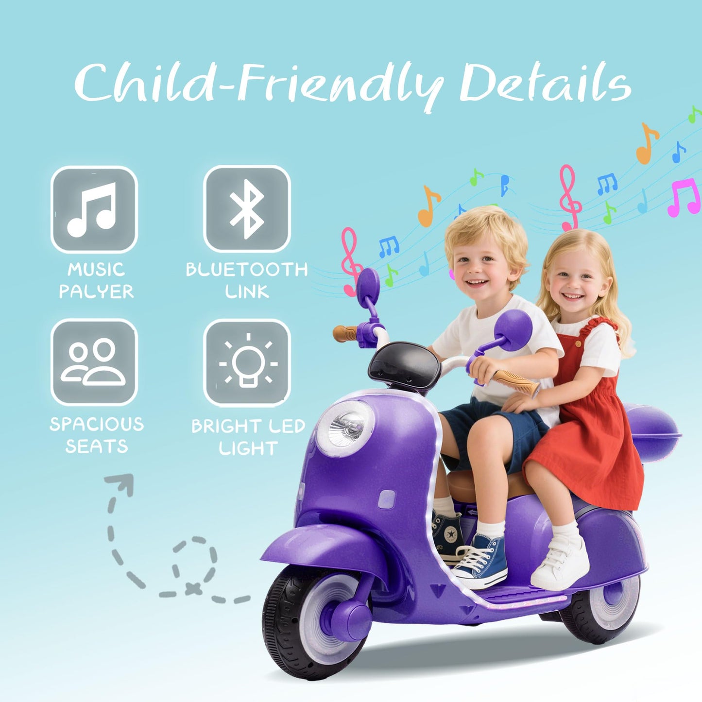 Upgrade 2 Seats Kids Motorcycle, 12V Ride On Electric Car with 2 Motors, Kid s Motorbike with USB, Bluetooth, Waterfall Light,