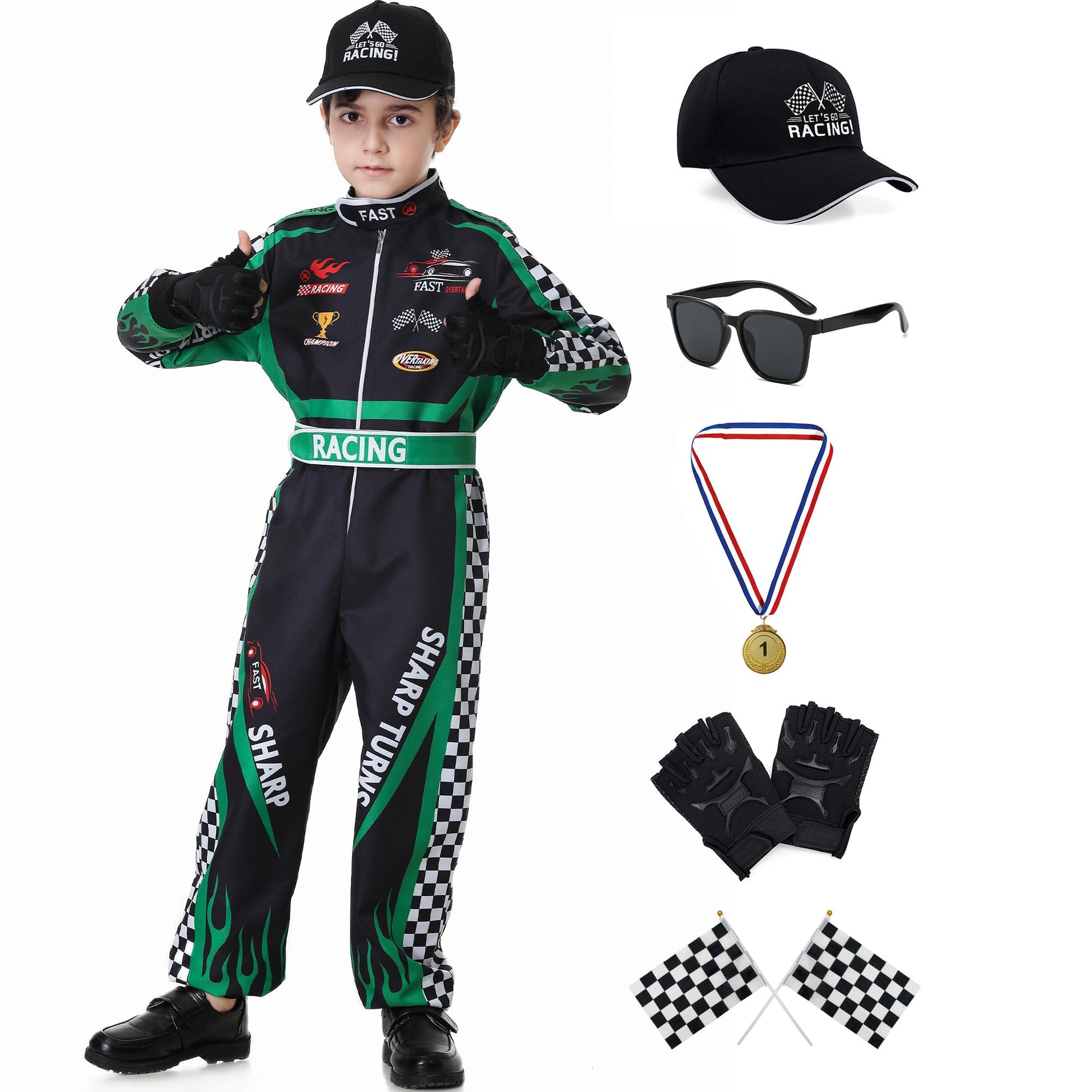 Changchupsem 6PCS Race Car Driver Costume Boys Racing Suit Kids Jumpsuit Set with Cap Medals Glasses Gloves for Halloween