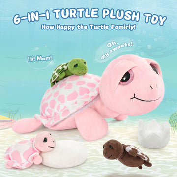 Morismos Sea Turtle Stuffed Animal With Babies,14 In Mommy Turtle With 3 Baby Turtles Plush, 2 Eggs Plushies Inside Belly Pouch,Big-Eyed Turtle Toys For Toddlers Kids,Pink Turtle Gifts For Girls Boys