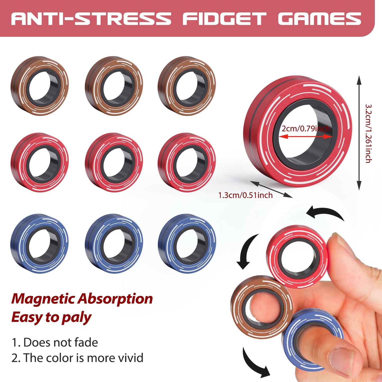 9Pcs Magnetic Rings Fidget Toys For Adults And Teen Boy, Fidget Stress Spinner Rings For Anxiety Relief,Boy Girls Gifts Easter Basket Stuffers