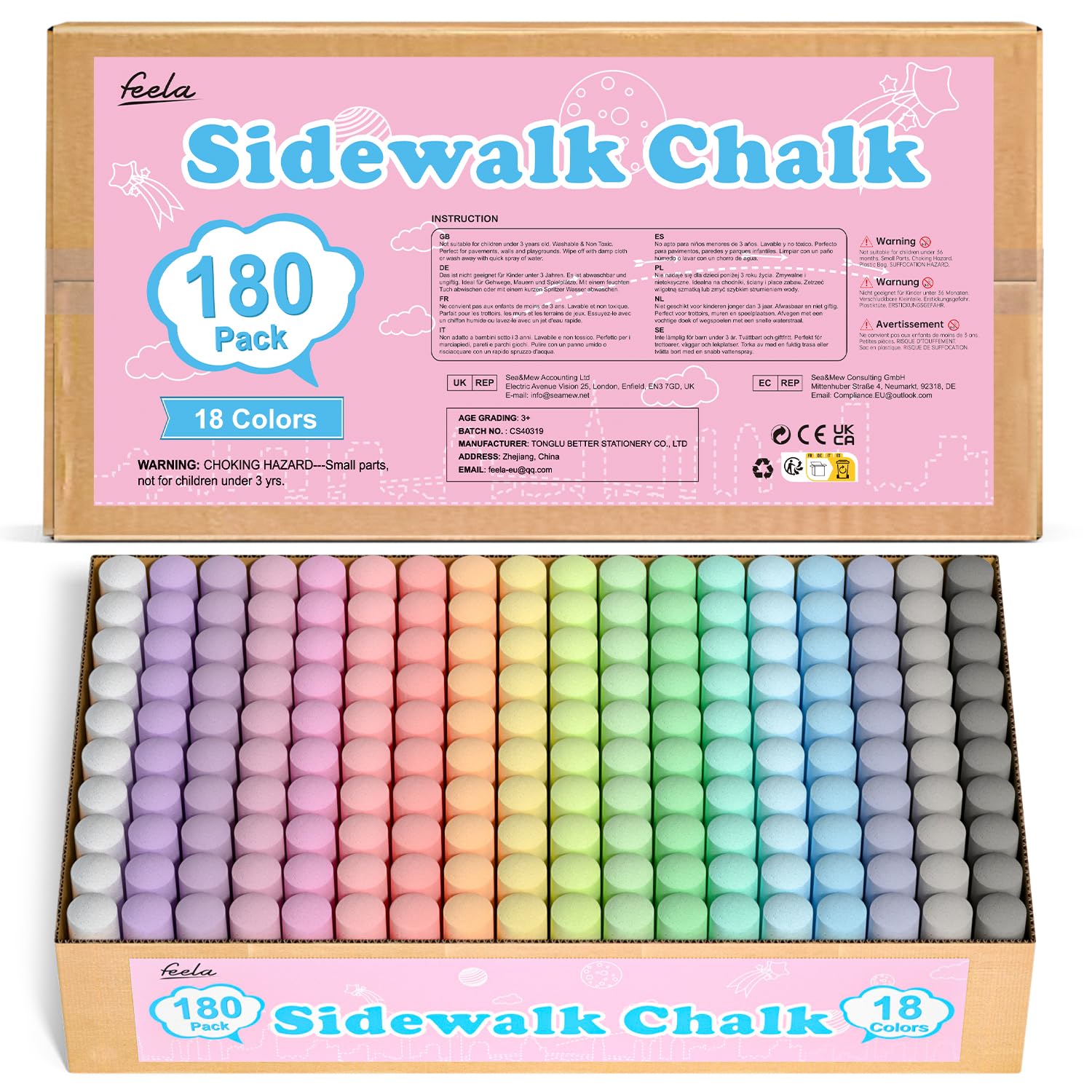 feela 180 Pack Sidewalk Chalk, Sidewalk Chalk Set For Kids Jumbo Chalk Bulk, Great for Kids Family, Paint on Sidewalk Wall Schoo