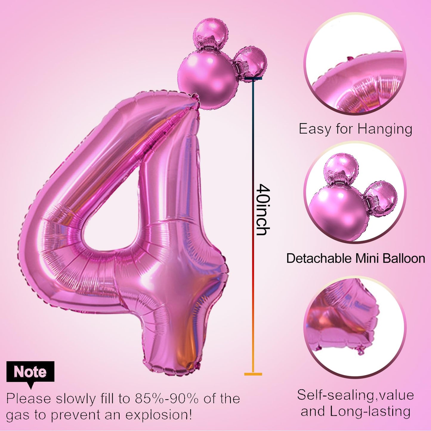 Hibilder 2Pcs Pink Number 4 & Mini Mouse Head Balloons, 40Inch Birthday Party Decorations, Aluminum Foil Balloons, Princess Them