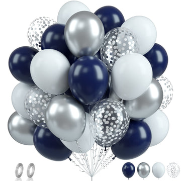 Biapian Navy Blue Silver Balloons, 60Pcs Blue Silver White Balloons, 12Inch Metallic Silver Confetti Balloons Dark Blue And Silv