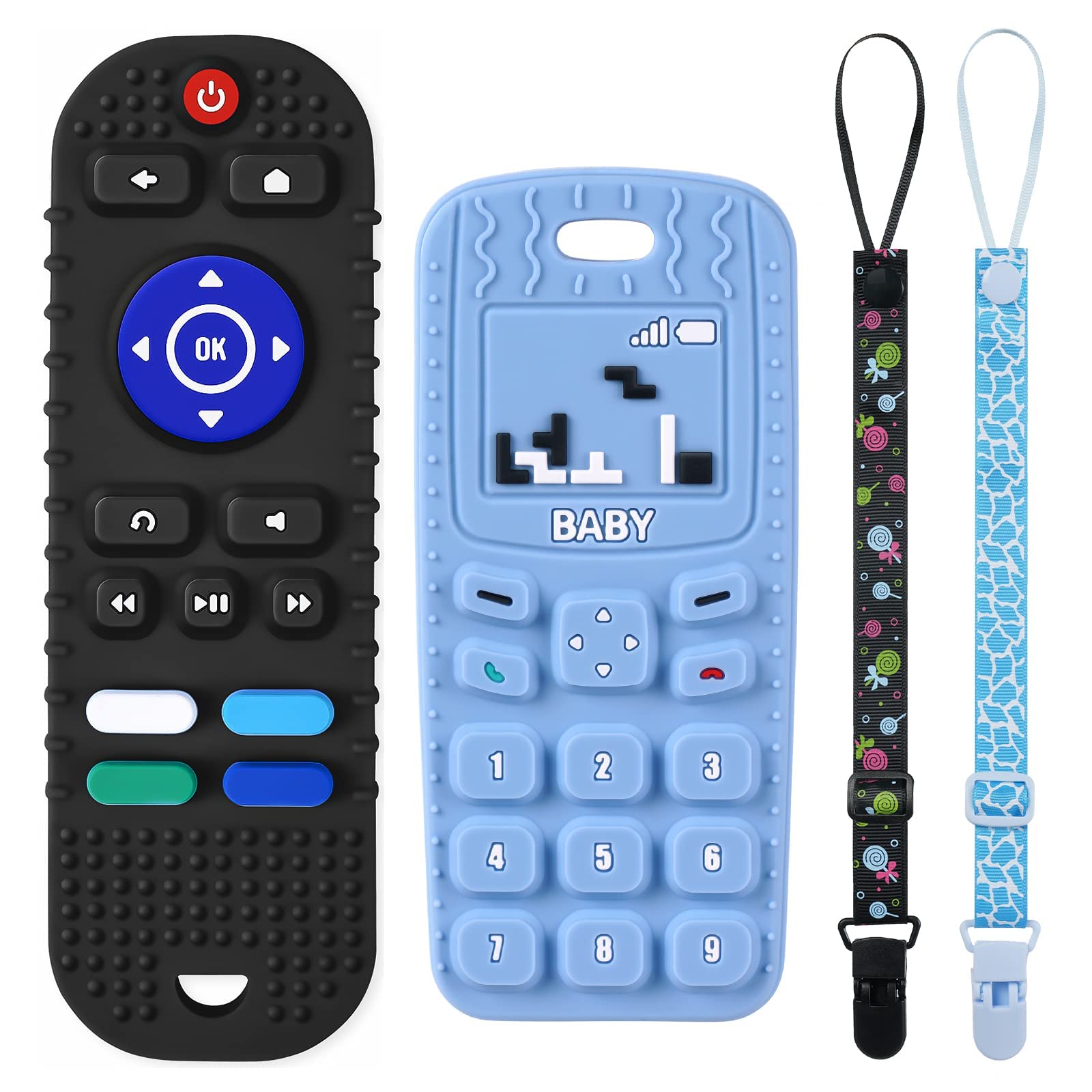 2Pcs Silicone Baby Teething Toys, Remote Control Shape Teething Toys And Phone Shape Teething Toys With 2Pcs Pacifier Clip, Bpa 