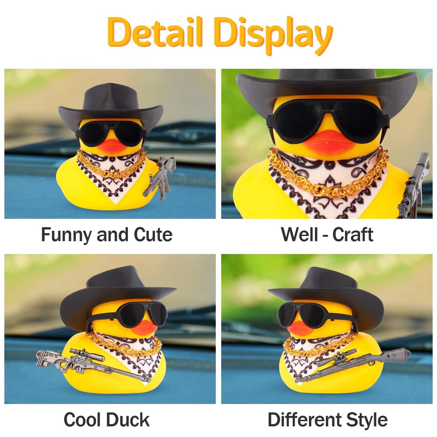 Wonuu Car Rubber Duck Ornament Cool Car Accessories Duck Car Dashboard Decoration Special Prop Cowboy Hat Necklace, M416