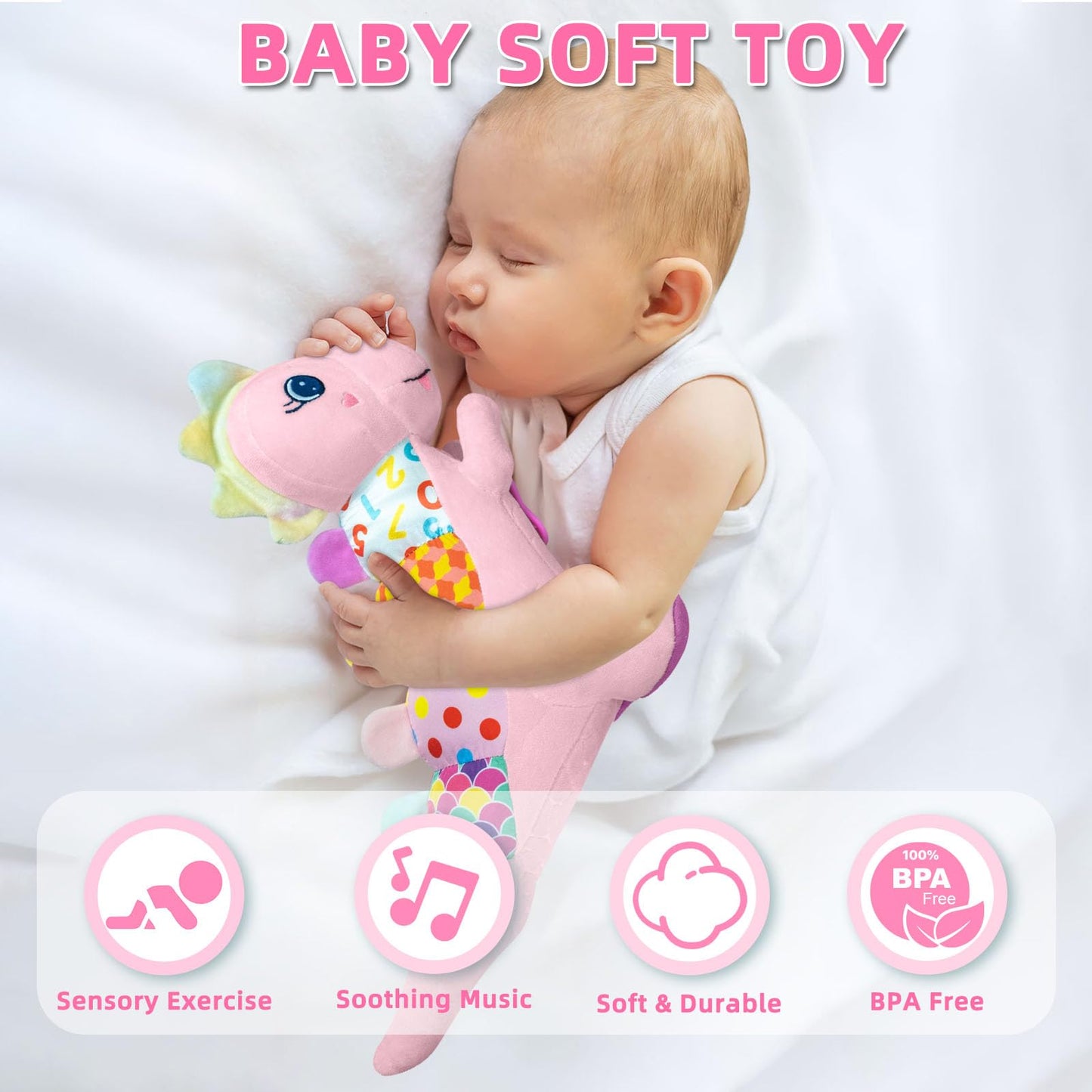 Ryotagift Baby Dino Musical Stuffed Animal - Pink Infant Tummy Time Toy with Crinkle Sound, Teether & Rattles for 0-12 Months