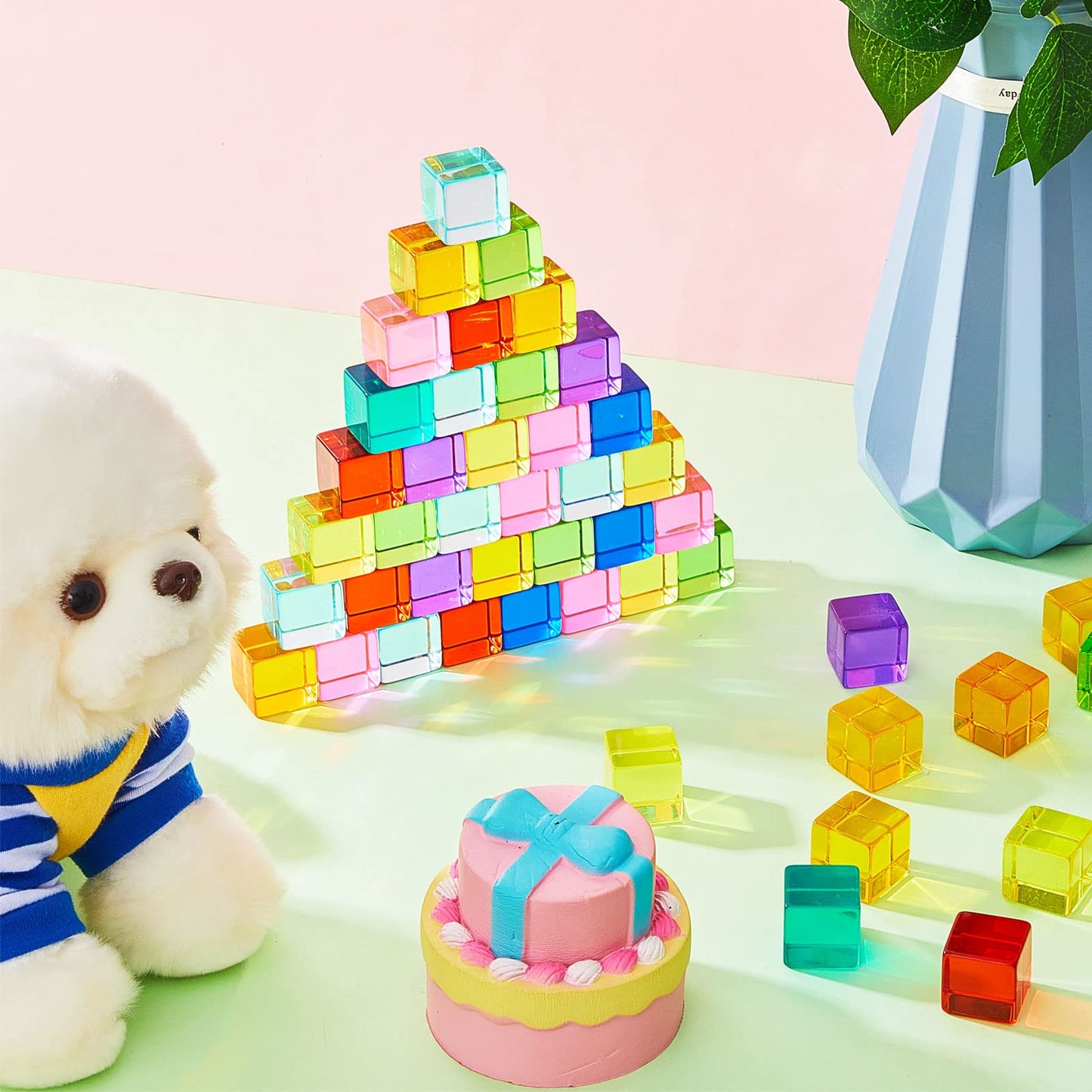 Meooeck 60 Pcs Acrylic Gem Cubes Blocks Translucent Rainbow Building Cubes Crystal Educational Sensory Training Stacking Toys Wi