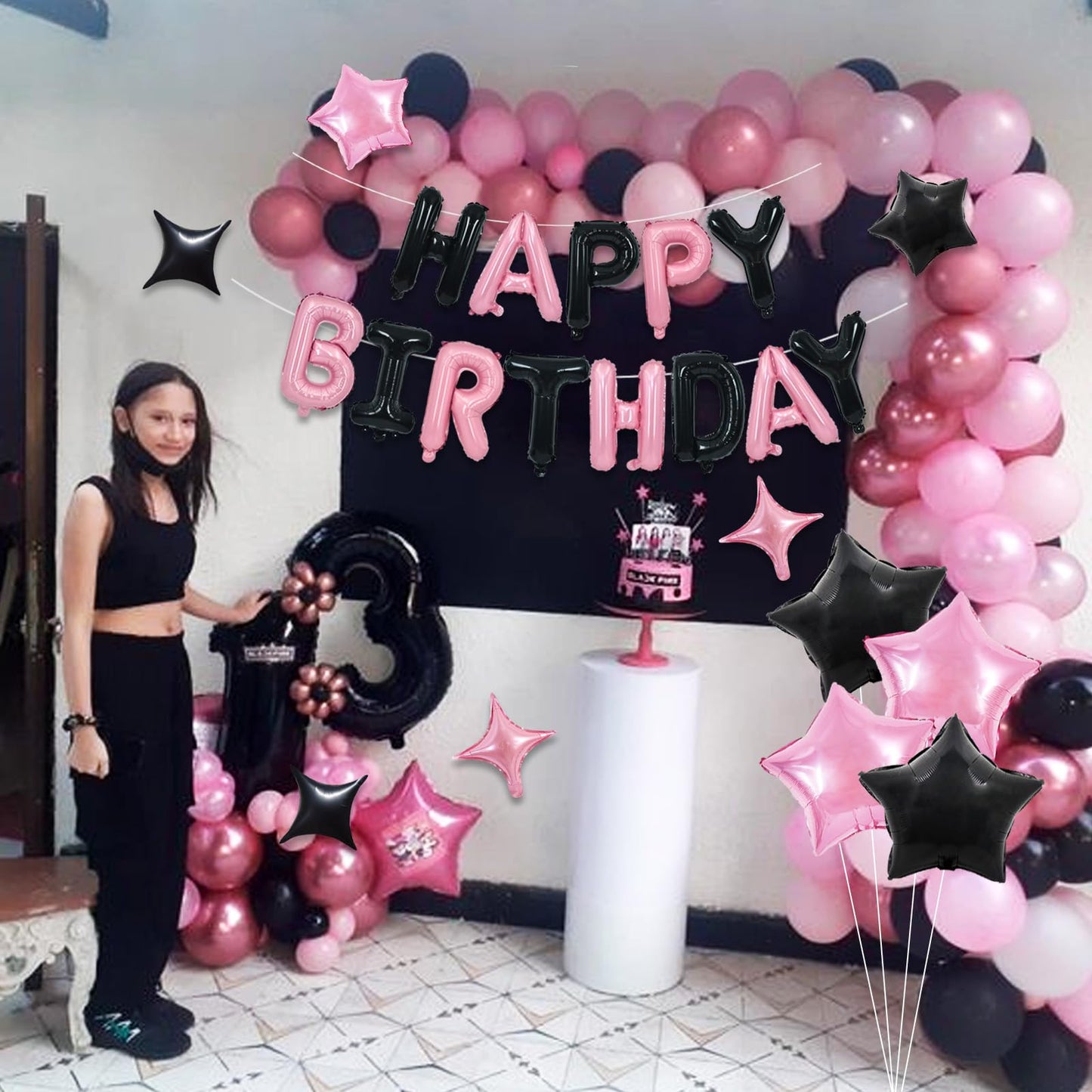 TONIFUL 35PCS Black Pink Happy Birthday Decorations Kit 16 Inch Happy Birthday Balloon Banner with Star Balloons Mylar Foil Birt