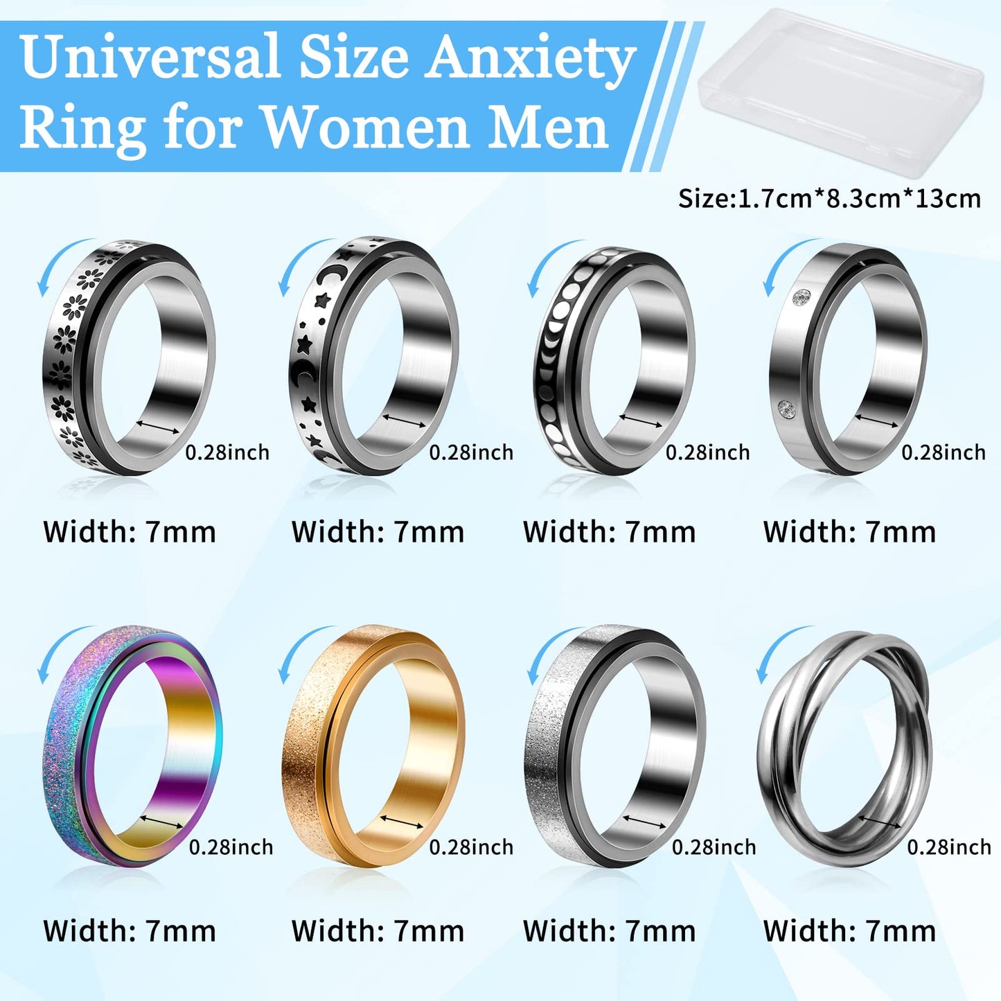Cruzix 12Pcs Anxiety Fidget Rings for Women  Stainless Steel Spinner Rings Moon and Star Bead Band Ring Adjustable Open Ring Sunflower Fidget Rings for Men Teens Anti Stress Gift  Size 7-10