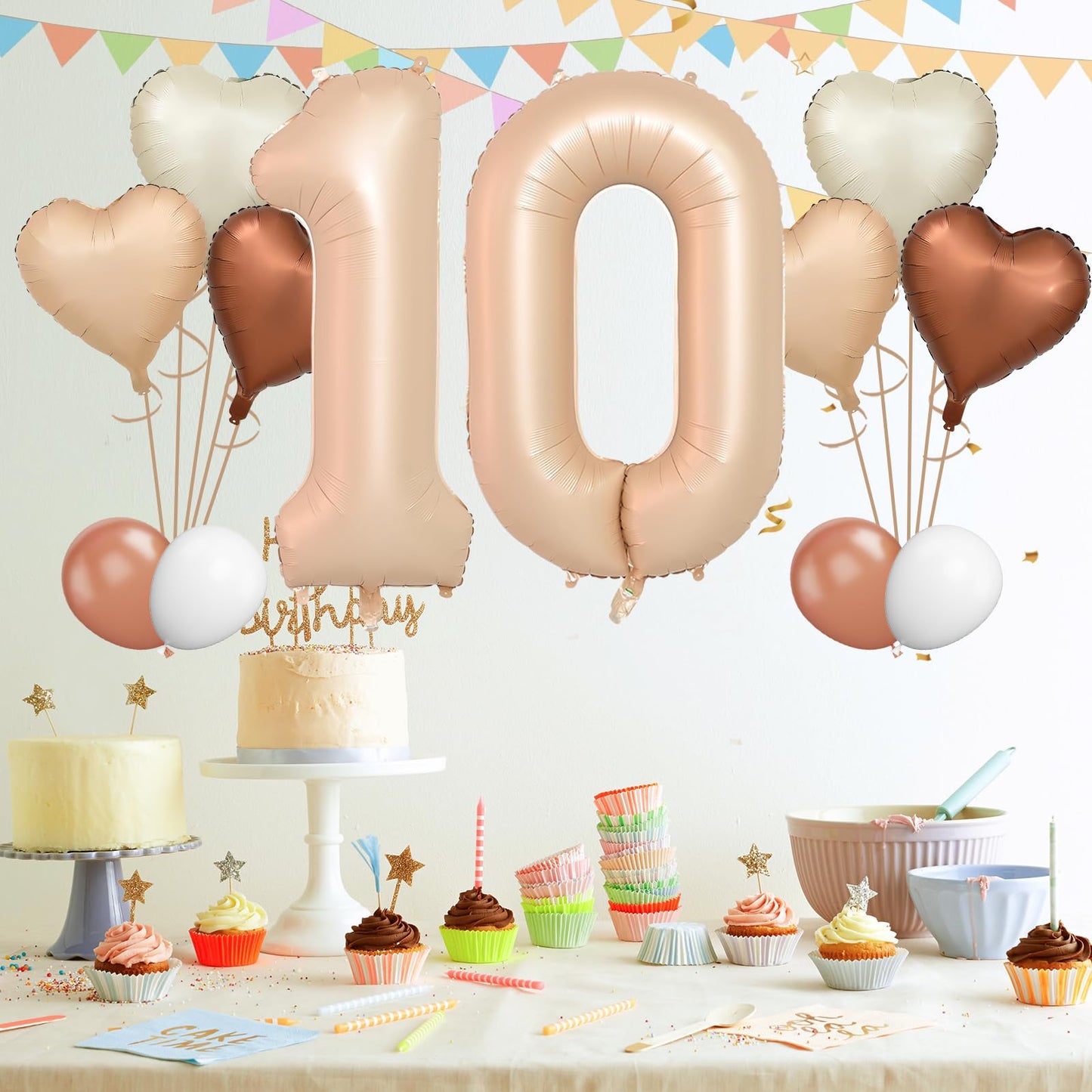 Biapian 40 Inch Light Brown Number 10 Balloons, 8Pcs Large Foil Number 1 & 0 Balloons With 18'' Caramel Heart Shape Balloon For