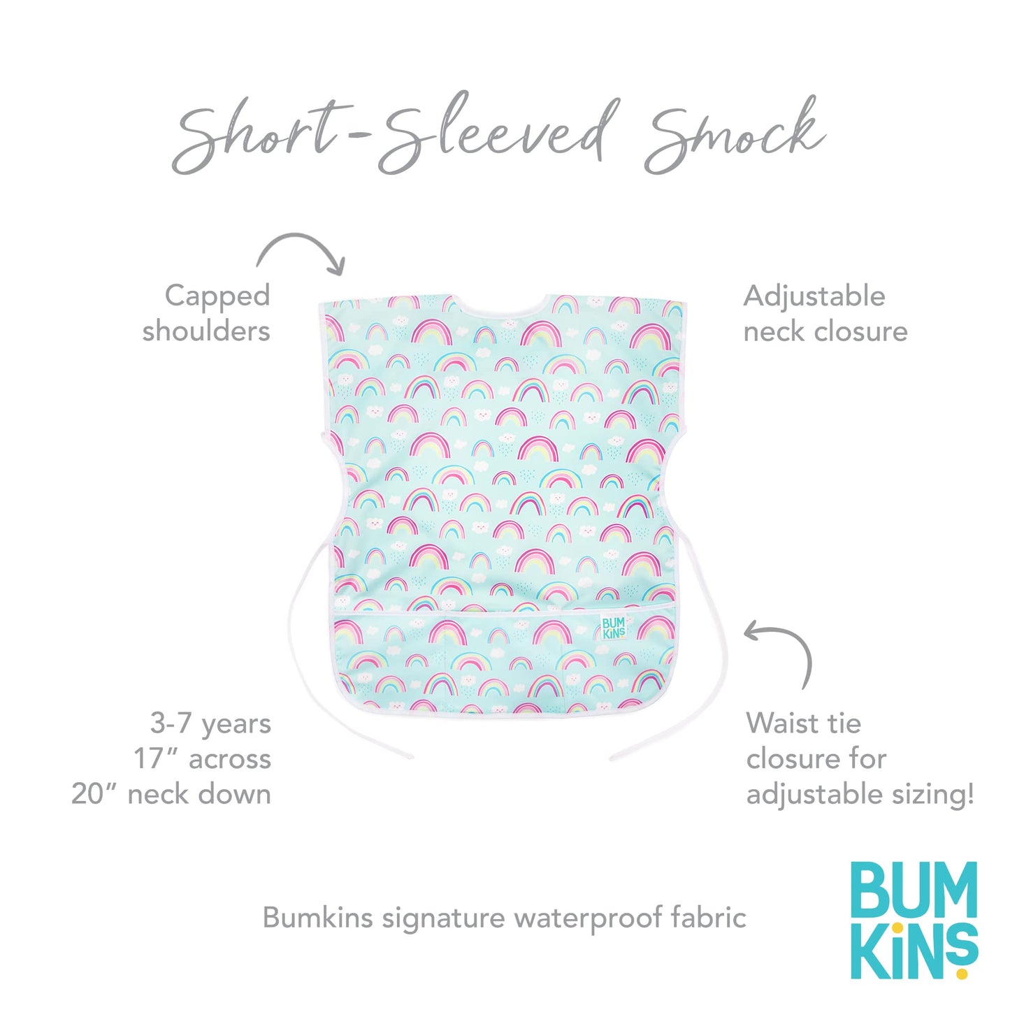 Bumkins Short Sleeve Smock, Toddler Reusable Waterproof Bib For Girls And Boys Ages 3-7 Years, Junior Childrens, Kids Paint Apron, Arts, Crafts And Play With Pocket, Soft Fabric, Rainbows Blue