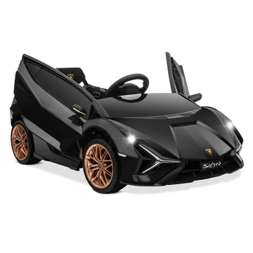 Kidzone Kids 12V Electric Ride On Licensed Lamborghini Sian Roadster Motorized Toy Car With Remote Control, Wheels Suspension, Led Lights & Music - Black With Gold Rim