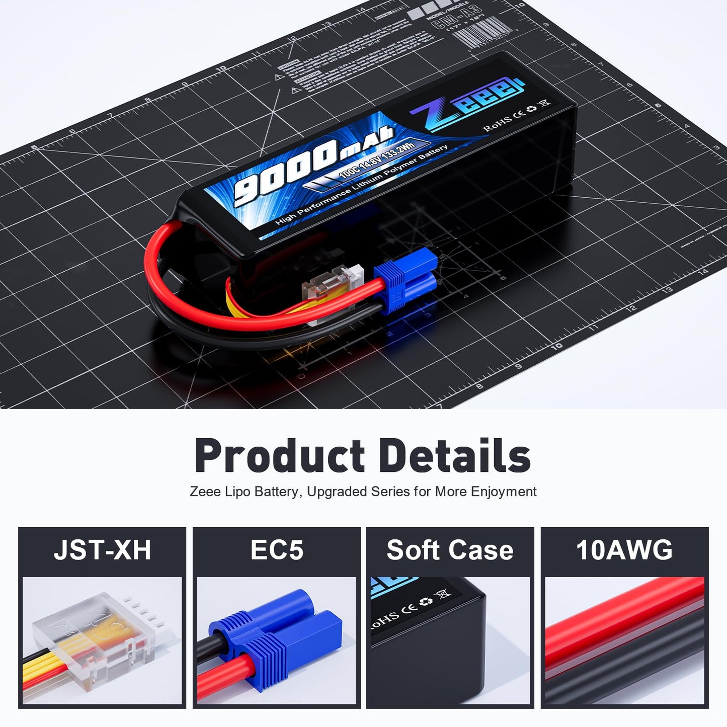 Zeee 4S Lipo Battery 9000mAh 14.8V 100C Soft Case RC Battery EC5 Connector with Metal Plates for RC Car Truck Tank Racing Models