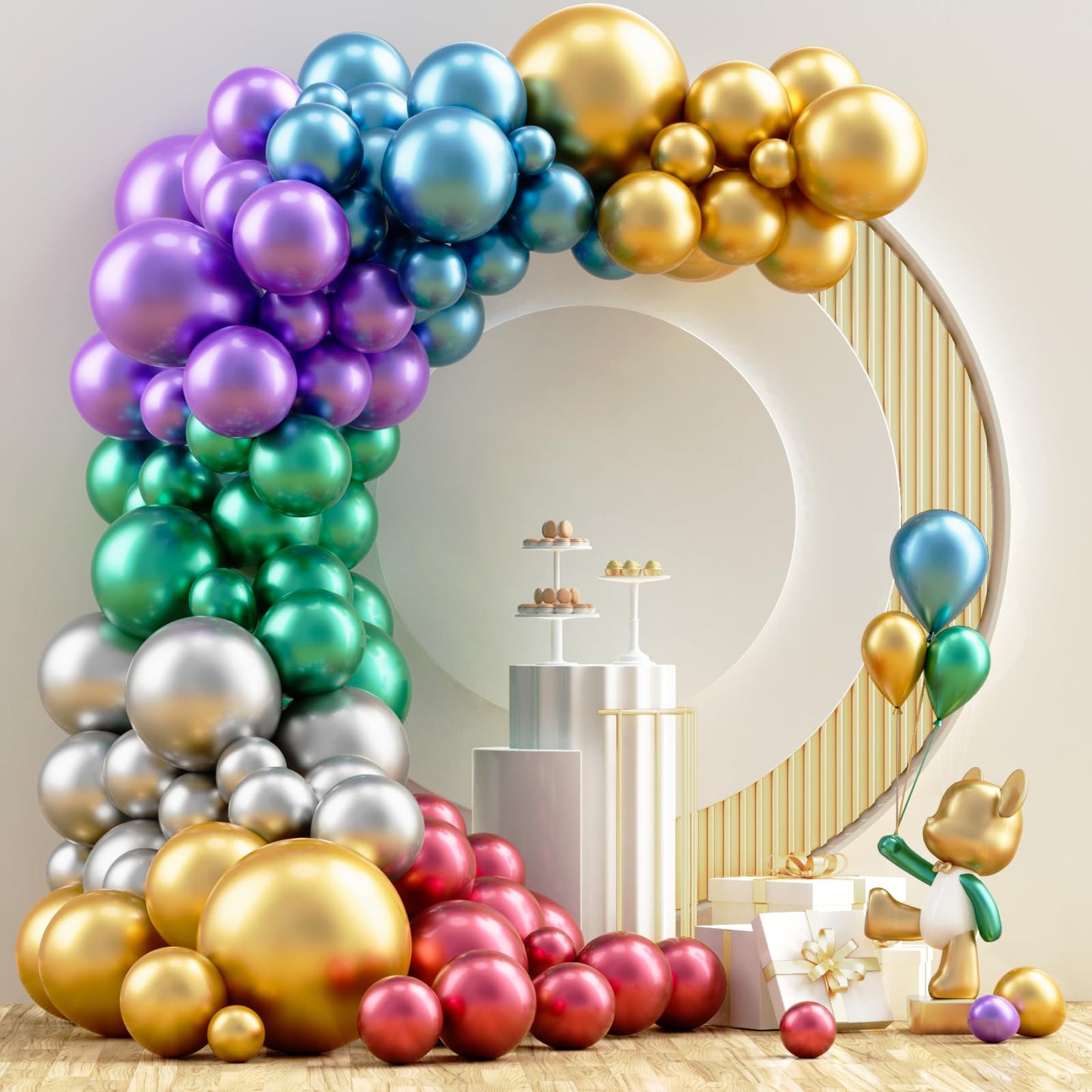 Nisocy Metallic Balloons Arch Garland Kit, 104Pcs 18In 12In 10In 5In Chrome Gold Silver Green Purple Red Balloons For Engagement