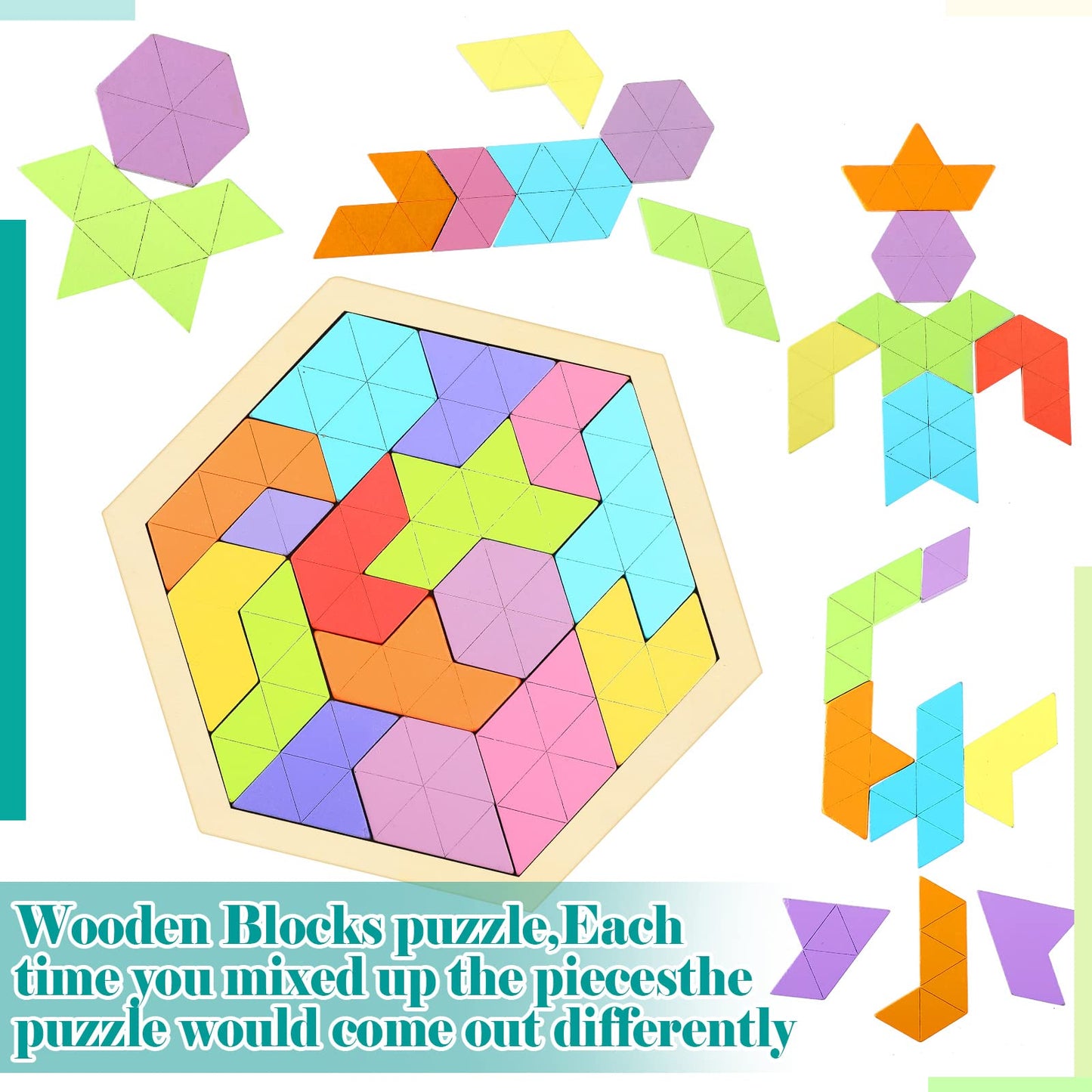 BBTO 4 Pack Wooden Hexagon Puzzle Blocks Geometric Tangram Jigsaw Shape Pattern Block Brain Teaser Toy Russian Blocks Logic Iq Stem Montessori Toy Educational Gift for Intelligence Challenge