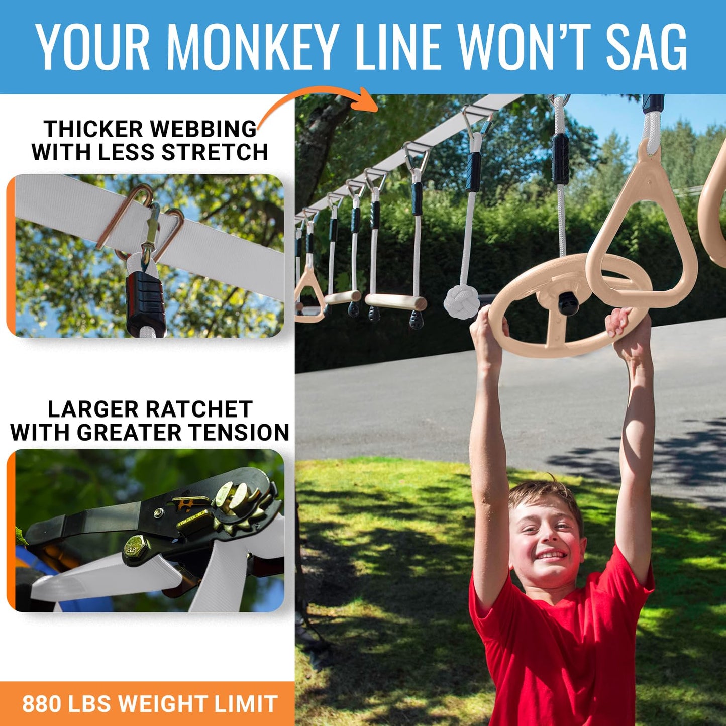 Ninja Warrior Obstacle Course For Kids, 2 X 50 Ft Slackline Set, Holds Up To 880 Lbs, 10 Weatherproof Obstacles & Monkey Net, Outdoor Ninja Course For Ages 5-12, Setup On Trees Or Posts
