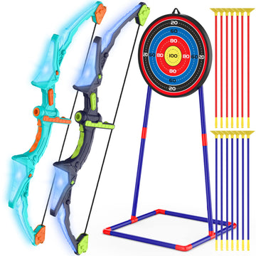 Kmuxilal 2 Pack Kids Bow And Arrow Set With Led Flash Lights, 14 Suction Cup Arrows And Fluorescence Standing Target-Perfect Indoor And Outdoor Archery Set Toy Gift For Boys And Girls Ages 4-12