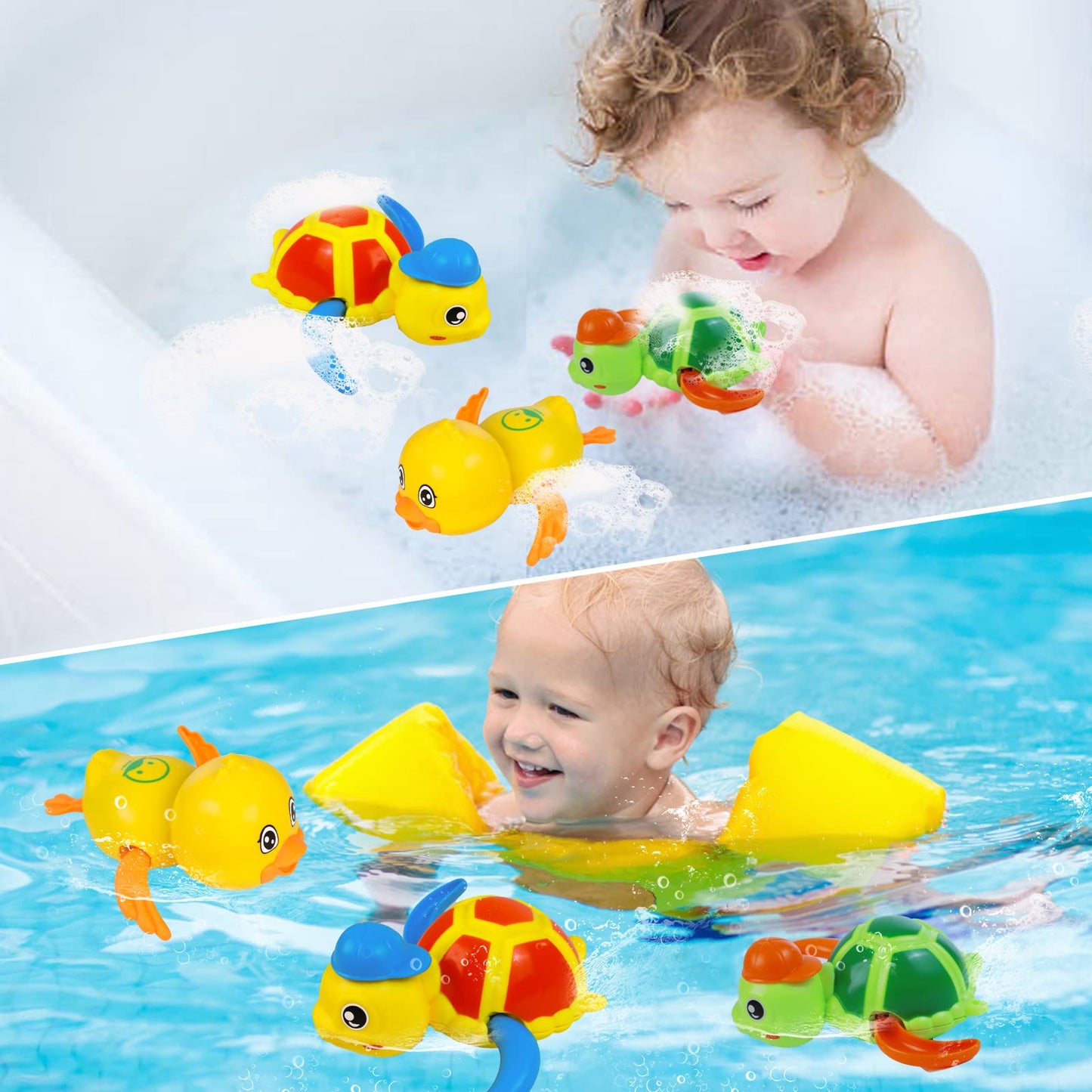 Cuterabit Baby Bath Toys, Floating Wind Up Swimming Turtle And Duck, Bathtub Toys, Pool Toys, Water Toys For Toddlers Boy Girl 3 Pack