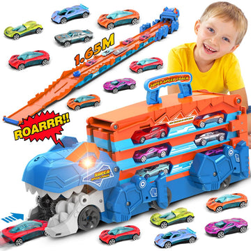 TERRAMUS Dinosaur Transport Truck Car Toy for Kids - 3 in 1 Ejection Folding Track Toys w/Sound, Portable Truck with 8 Race Cars