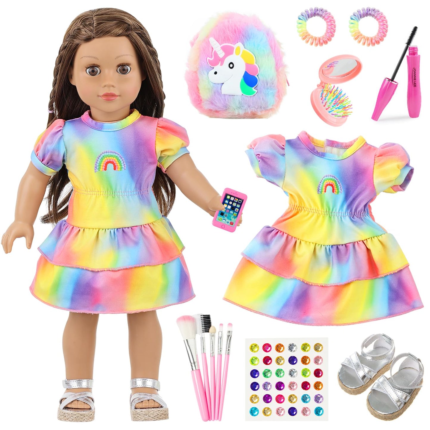 K.T. Fancy 18 Inch Doll Clothes and Accessories - Dress Makeup Set -Included Skirt  Backpack  Headband  Cosmetic Brush  Mini Phone  Mini Comb  Stickers & Shoes