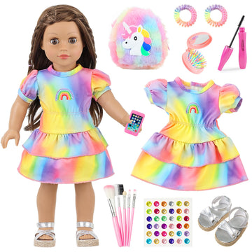 K.T. Fancy 18 Inch Doll Clothes and Accessories - Dress Makeup Set -Included Skirt  Backpack  Headband  Cosmetic Brush  Mini Phone  Mini Comb  Stickers & Shoes